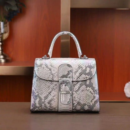 Premium Vegan Crocodile-Embossed Silver Sling Handbag with Buckle Handle