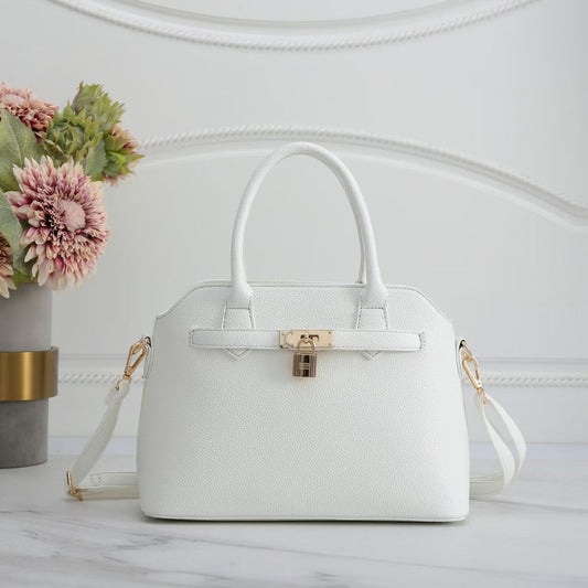 White Faux Leather Satchel Handbag with Lock Charm