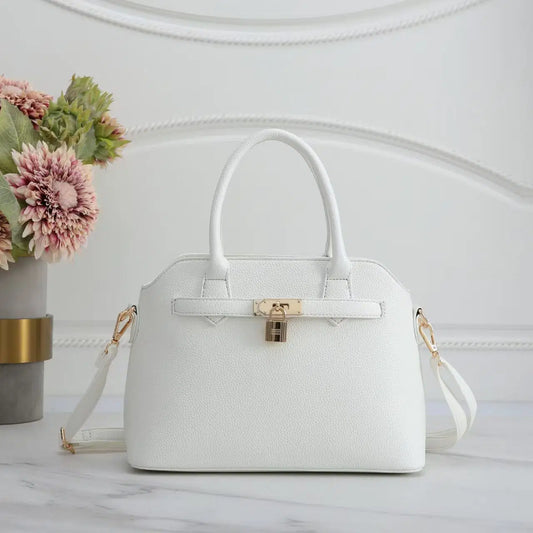 White Faux Leather Satchel Handbag with Lock Charm