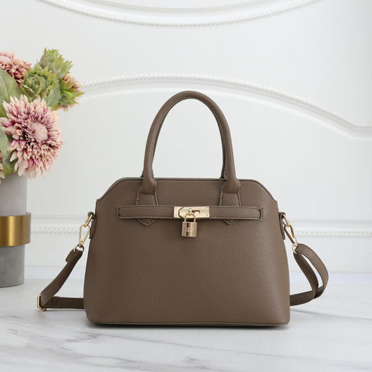 Tea Faux Leather Satchel Handbag with Lock Charm