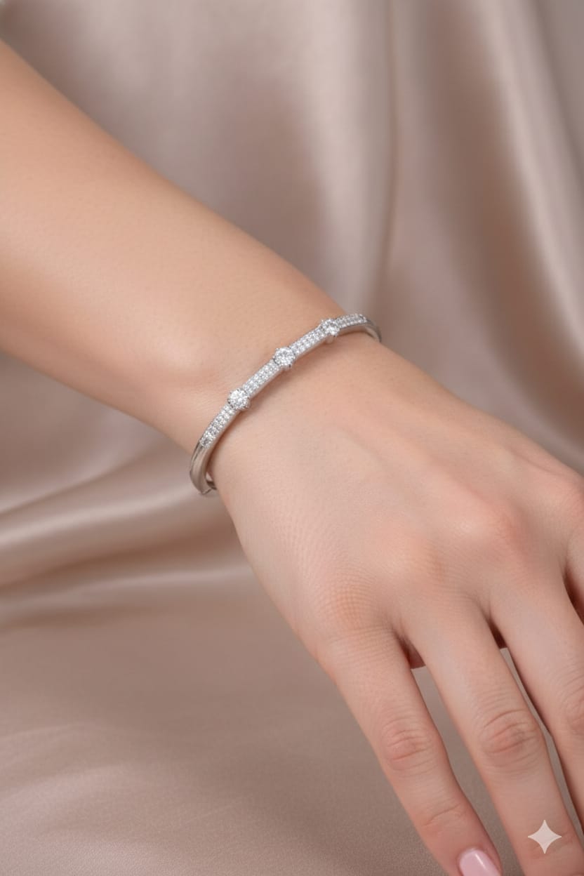 Signature Three-Stone Crystal Bangle – Premium Silver Edition