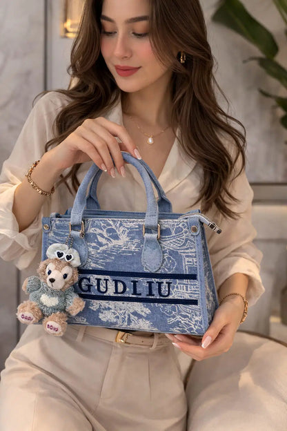 Artisanal Blue Denim Mini Flap Bag with Scenic Tapestry Design