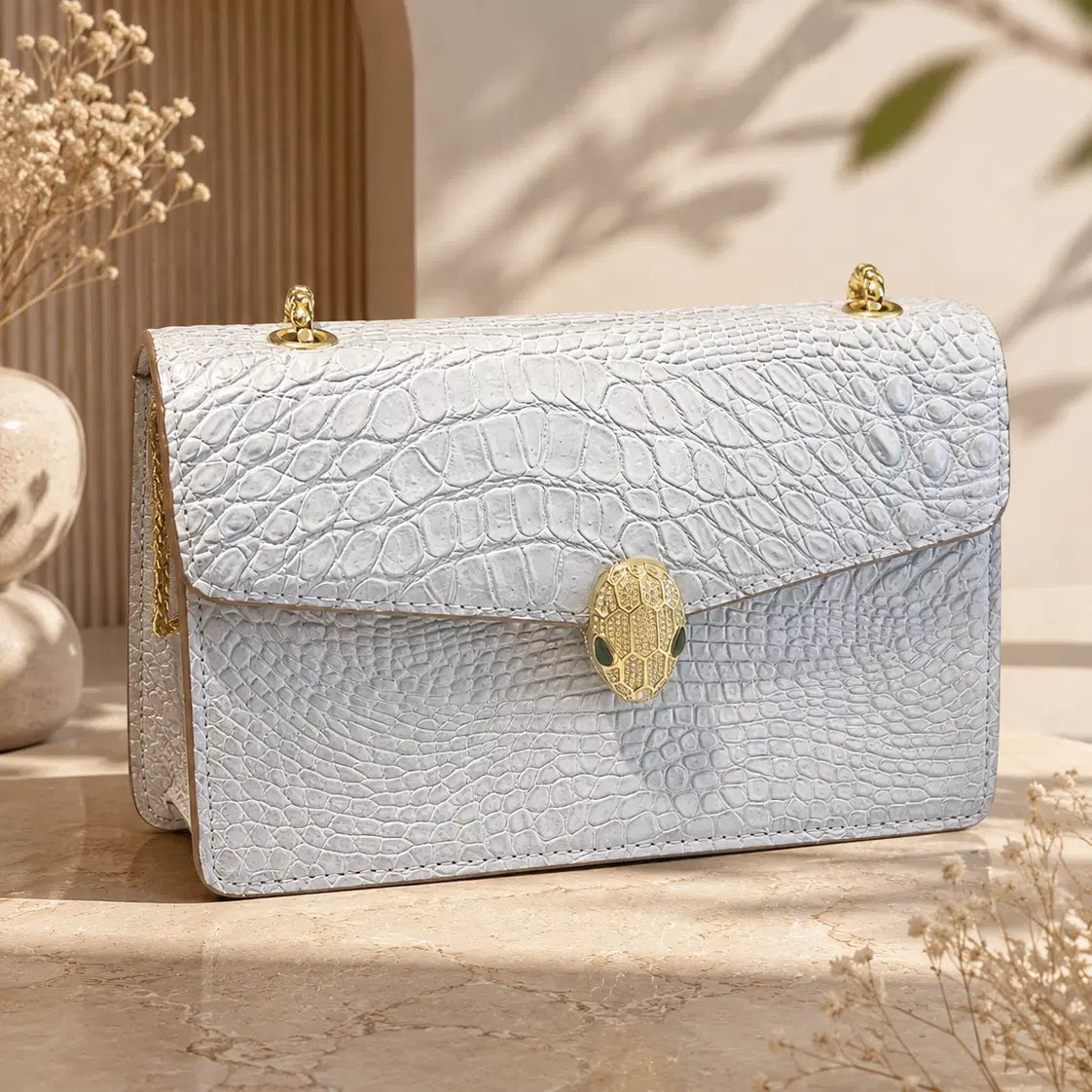 Sky Blue Croc Luxe Vegan Leather Shoulder Bag