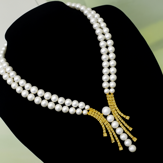 Elegant Two-Layer Pearl and Crystal Statement Necklace Set Golden