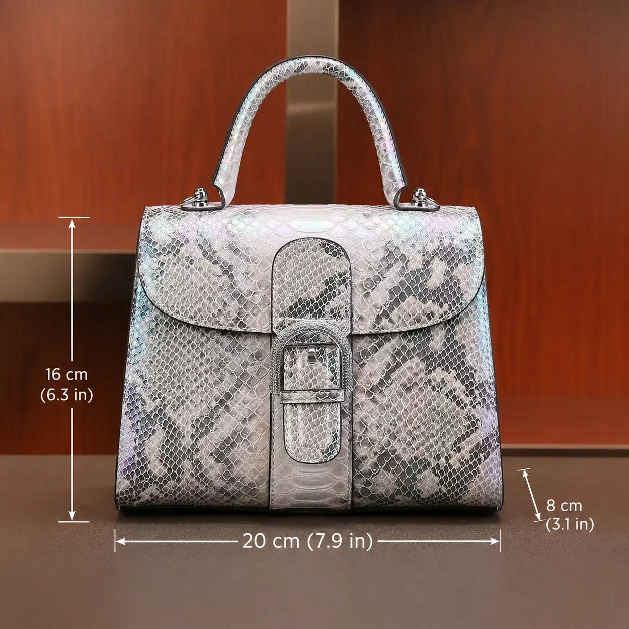 Premium Vegan Crocodile-Embossed Silver Sling Handbag with Buckle Handle