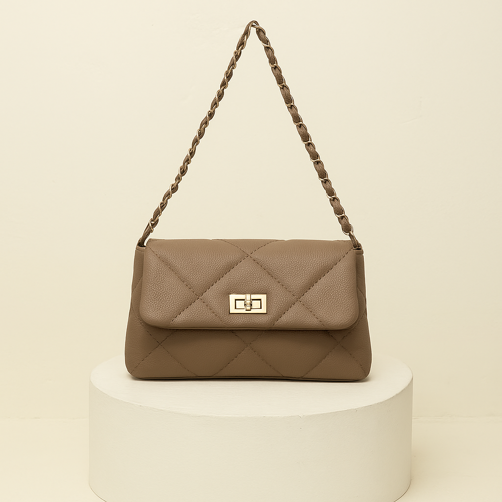 Quilted Vegan Faux Leather Cushion Bag Khakhi