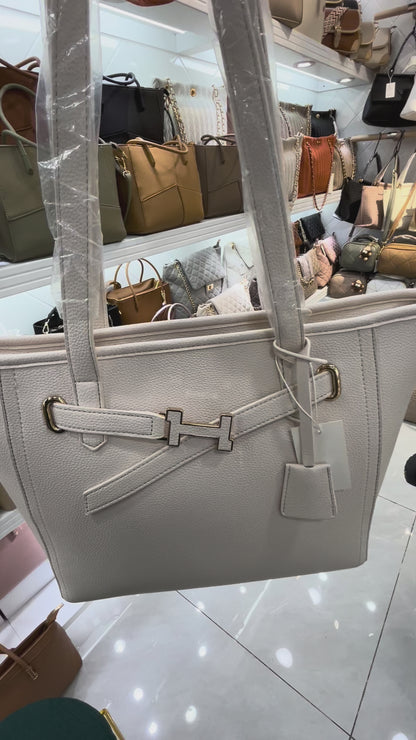 Structured White  Handbag with Gold Buckle | Perfect for Everyday Style